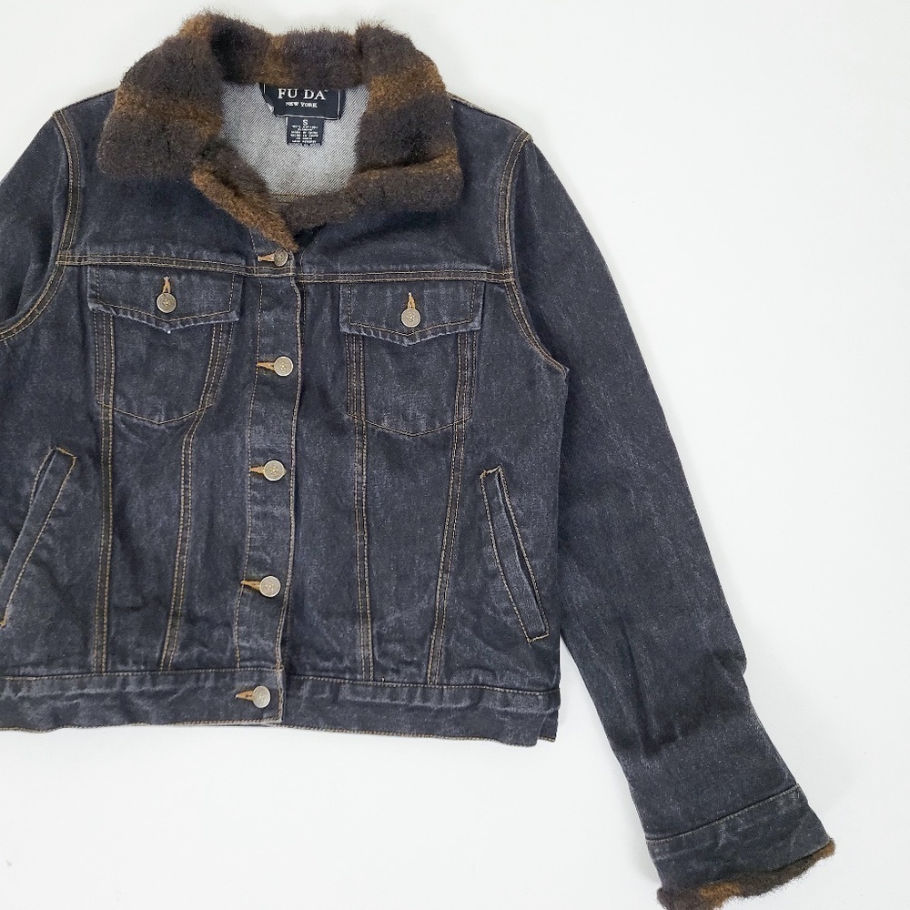 Y2K Denim Jacket Fur Lined Collar Button Up Down Long Sleeve Dark Wash - Picture 13 of 14